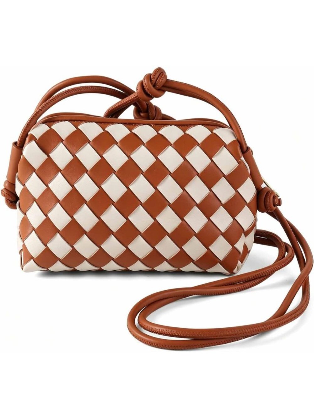 Women's Brown White Woven Leather Adjustable Strap Evening Crossbody Bag